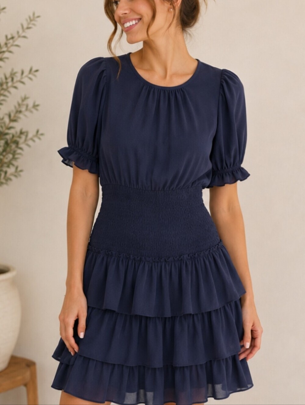 Smocked Waist Navy Ruffle Mini Dress